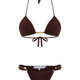 Knitted Burgundy Draped Bikini Set With Gold Metal Beads