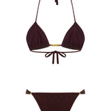 Knitted Burgundy Draped Bikini Set With Gold Metal Beads