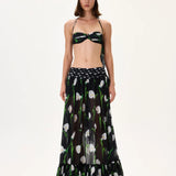 Flower Patterned Chiffon Maxi Skirt With Polka Dot Waistline