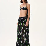 Flower Patterned Chiffon Maxi Skirt With Polka Dot Waistline