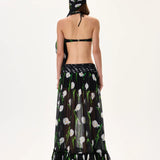 Flower Patterned Chiffon Maxi Skirt With Polka Dot Waistline