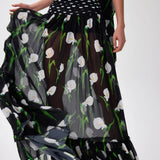 Flower Patterned Chiffon Maxi Skirt With Polka Dot Waistline