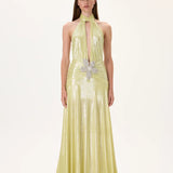 SS26-D-1008-34 raisa_vanessa yellow-metallic-jersey-ruched-maxi-dress-with-crystal-flower-on-the-waist