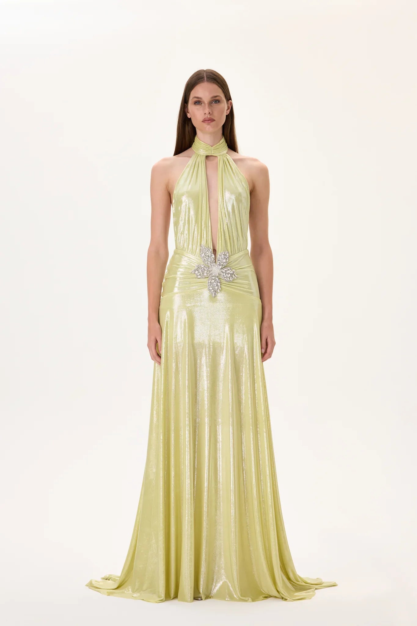 SS26-D-1008-34 raisa_vanessa yellow-metallic-jersey-ruched-maxi-dress-with-crystal-flower-on-the-waist