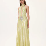 SS26-D-1008-36 raisa_vanessa yellow-metallic-jersey-ruched-maxi-dress-with-crystal-flower-on-the-waist