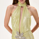SS26-D-1008-40 raisa_vanessa yellow-metallic-jersey-ruched-maxi-dress-with-crystal-flower-on-the-waist