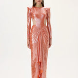 Cut-Out Detailed Metallic Jersey Maxi Dress With High-Low Hemline And Train