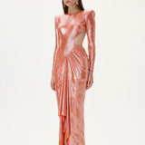 Cut-Out Detailed Metallic Jersey Maxi Dress With High-Low Hemline And Train