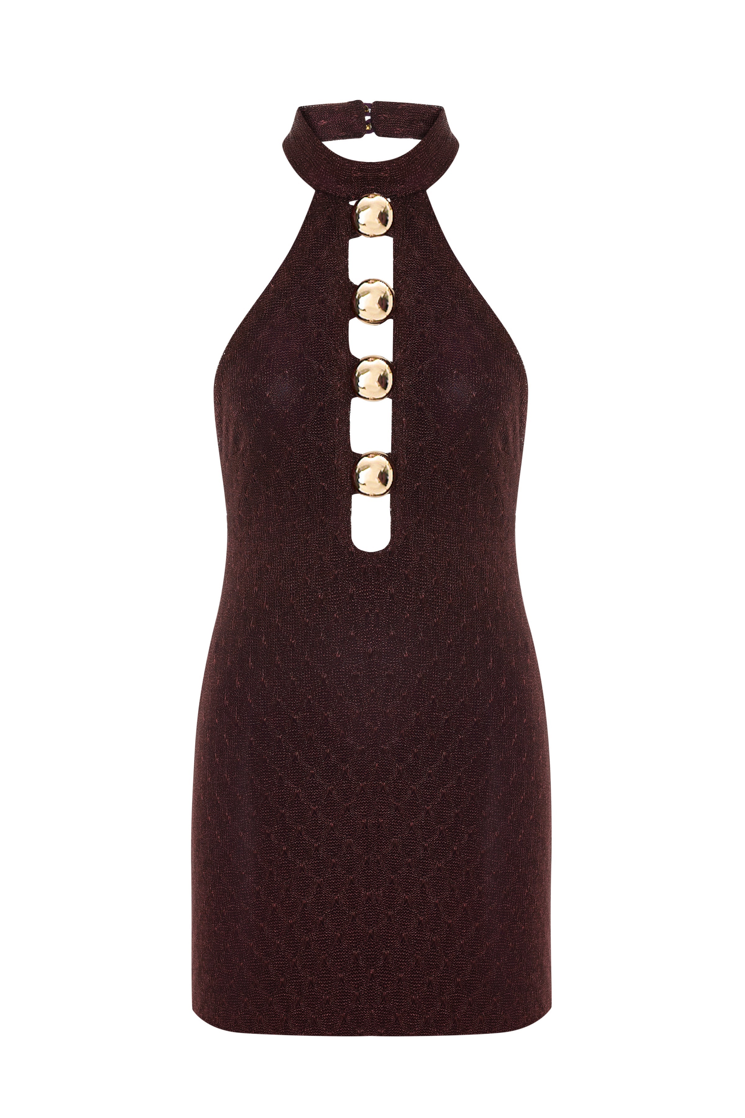 Knitted Burgundy Halter Neck Mini Dress With Gold Metal Accessories RAISA VANESSA Knitted Burgundy Halter Neck Mini Dress With Gold Metal Accessories RAISA VANESSA