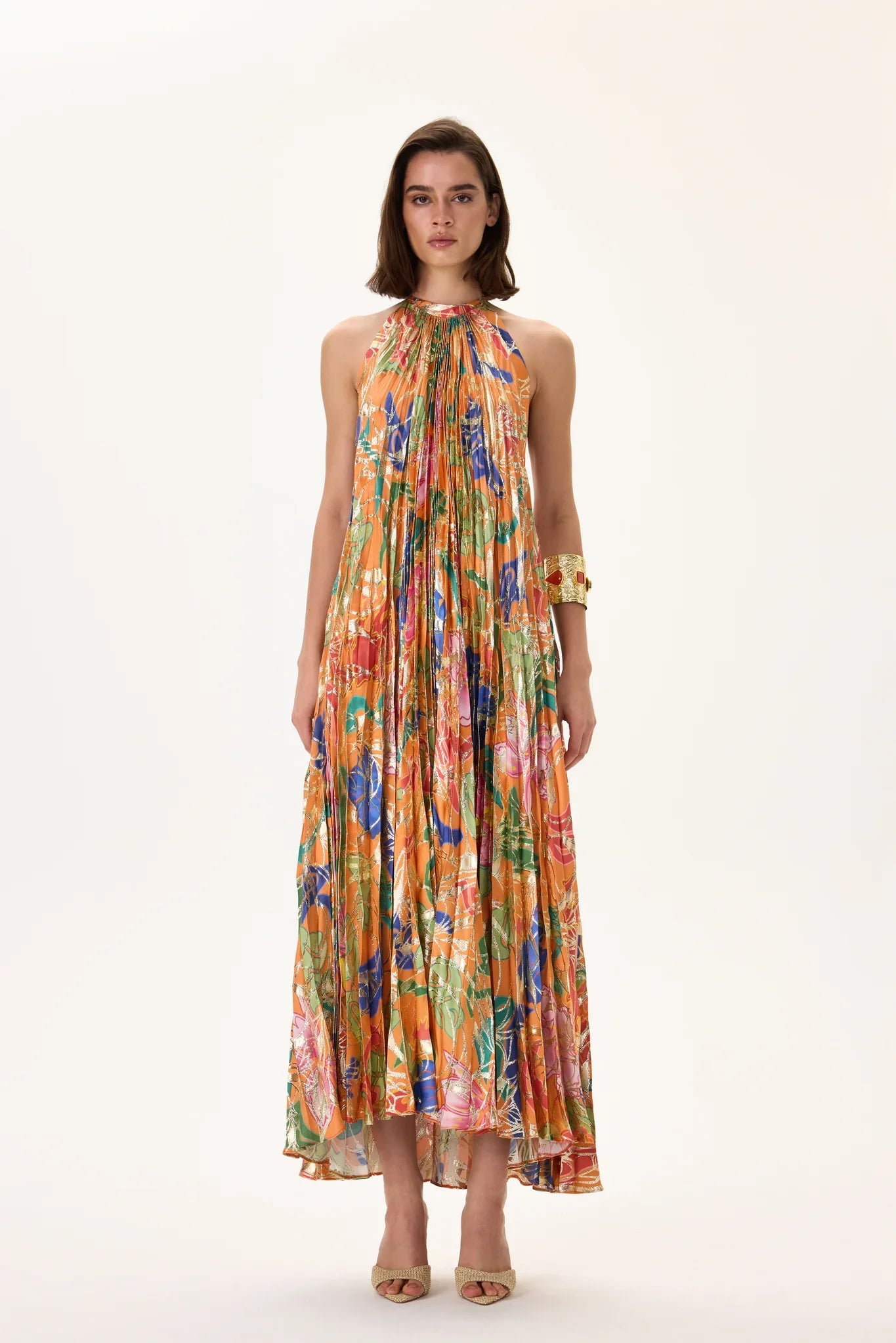 SS26-D-1024-34 raisa_vanessa orange-pleated-viscose-multi-color-flower-printed-midi-dress-with-gold-foil-accents