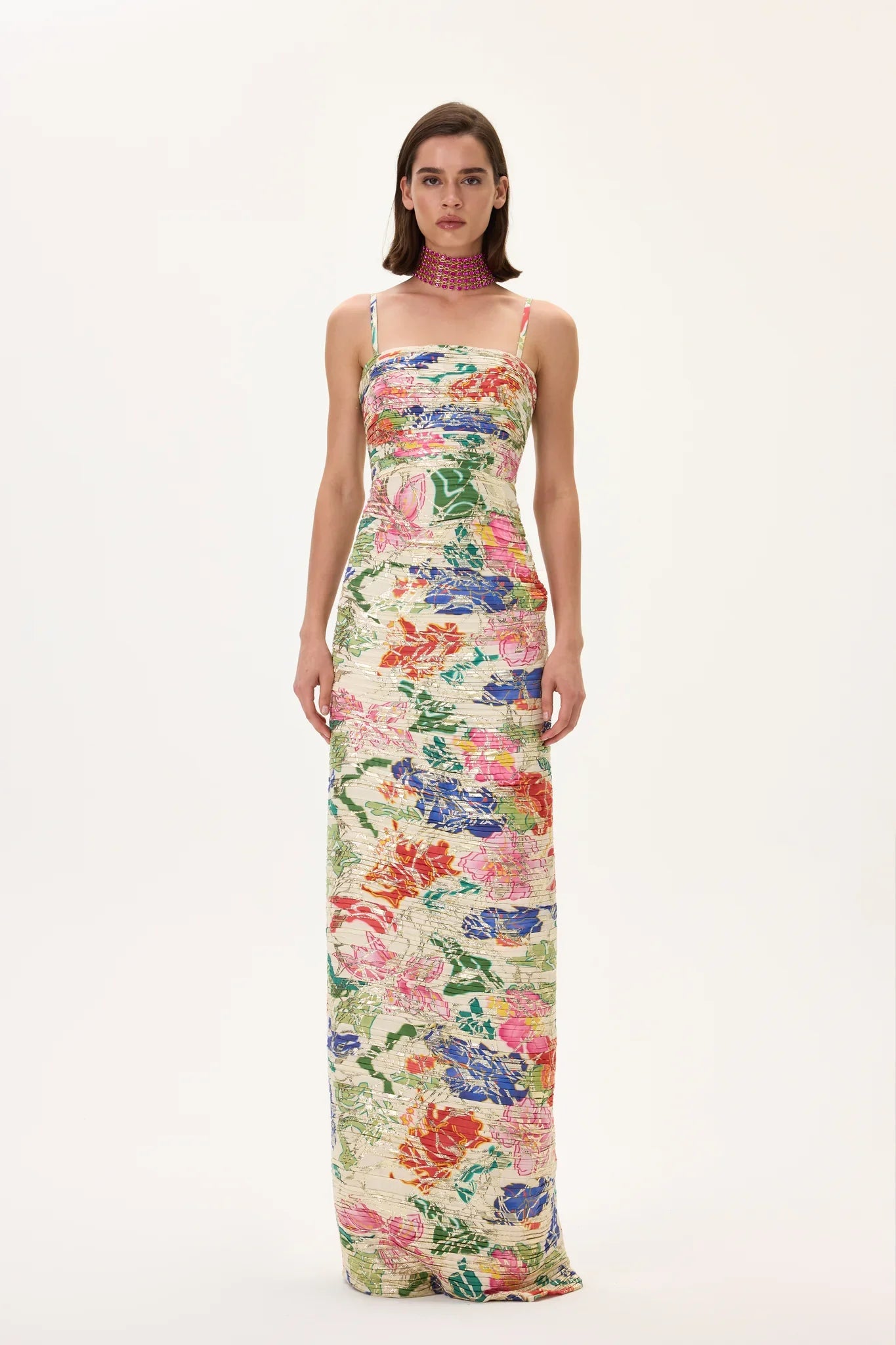 SS26-D-1026-34 raisa_vanessa ecru-pleated-viscose-multi-color-flower-printed-dress-with-gold-foil-accents