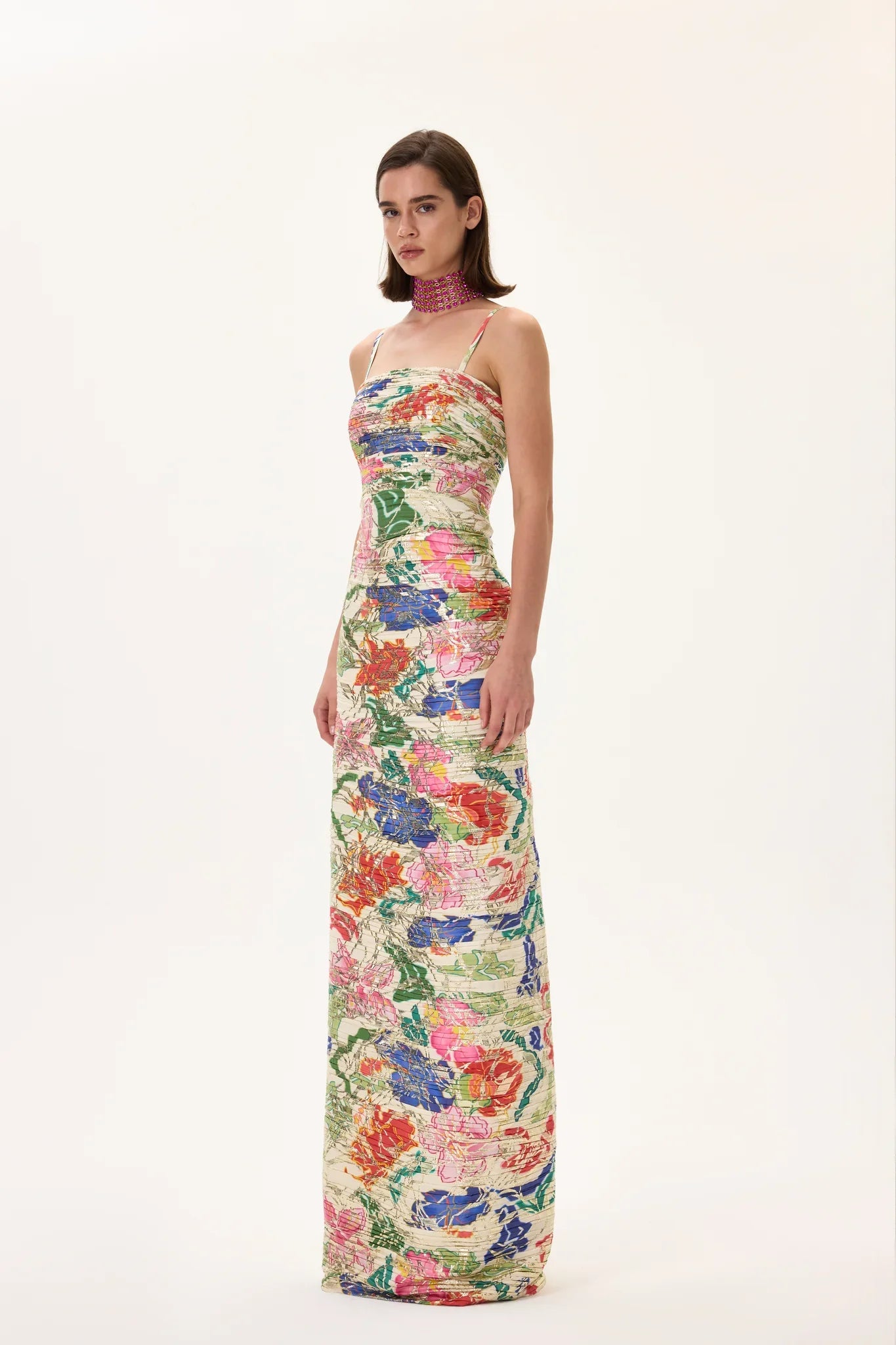 SS26-D-1026-36 raisa_vanessa ecru-pleated-viscose-multi-color-flower-printed-dress-with-gold-foil-accents