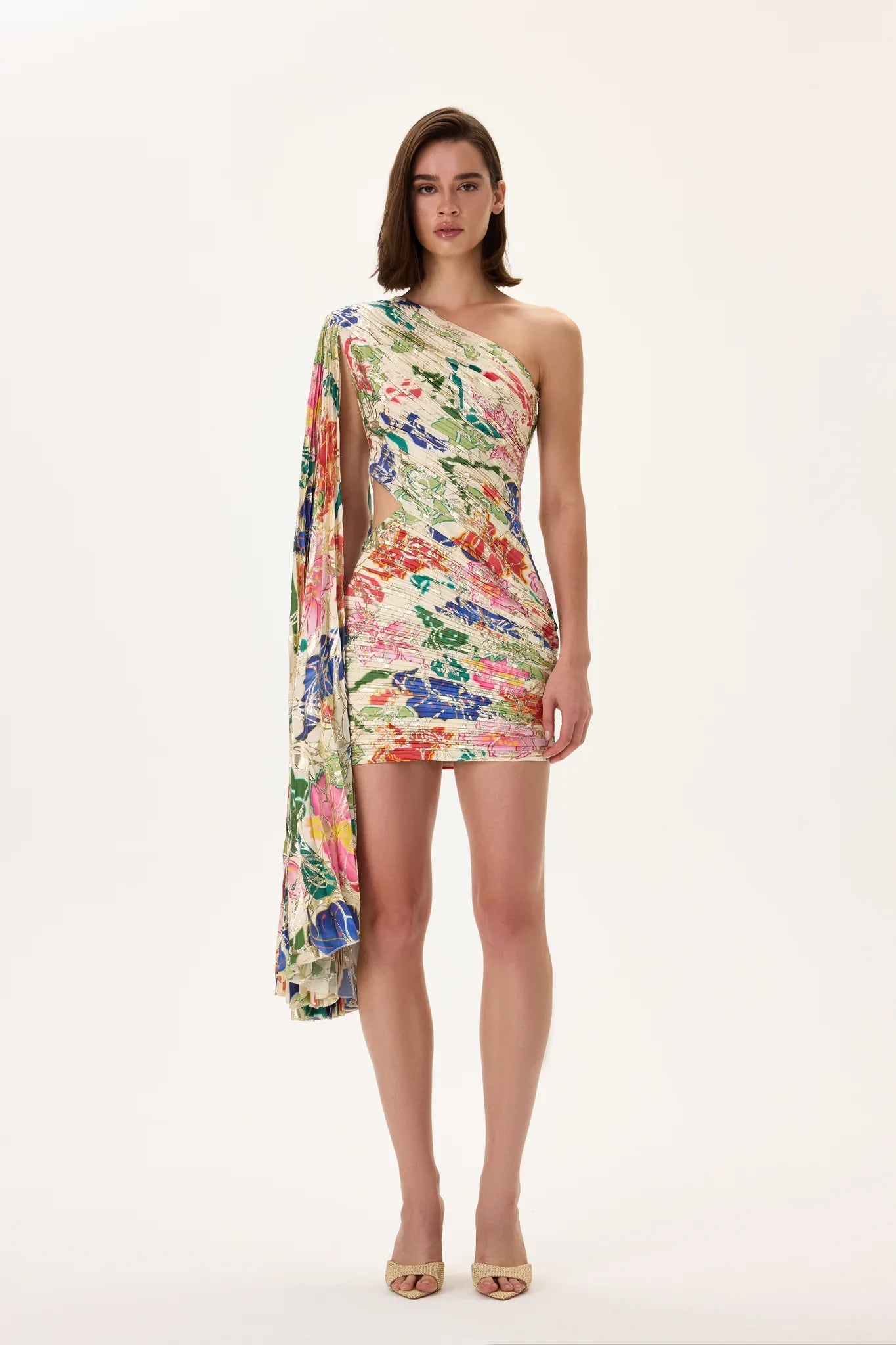 SS26-D-1027-34 raisa_vanessa ecru-pleated-viscose-multi-color-flower-printed-one-shouldered-mini-dress-with-gold-foil-accents