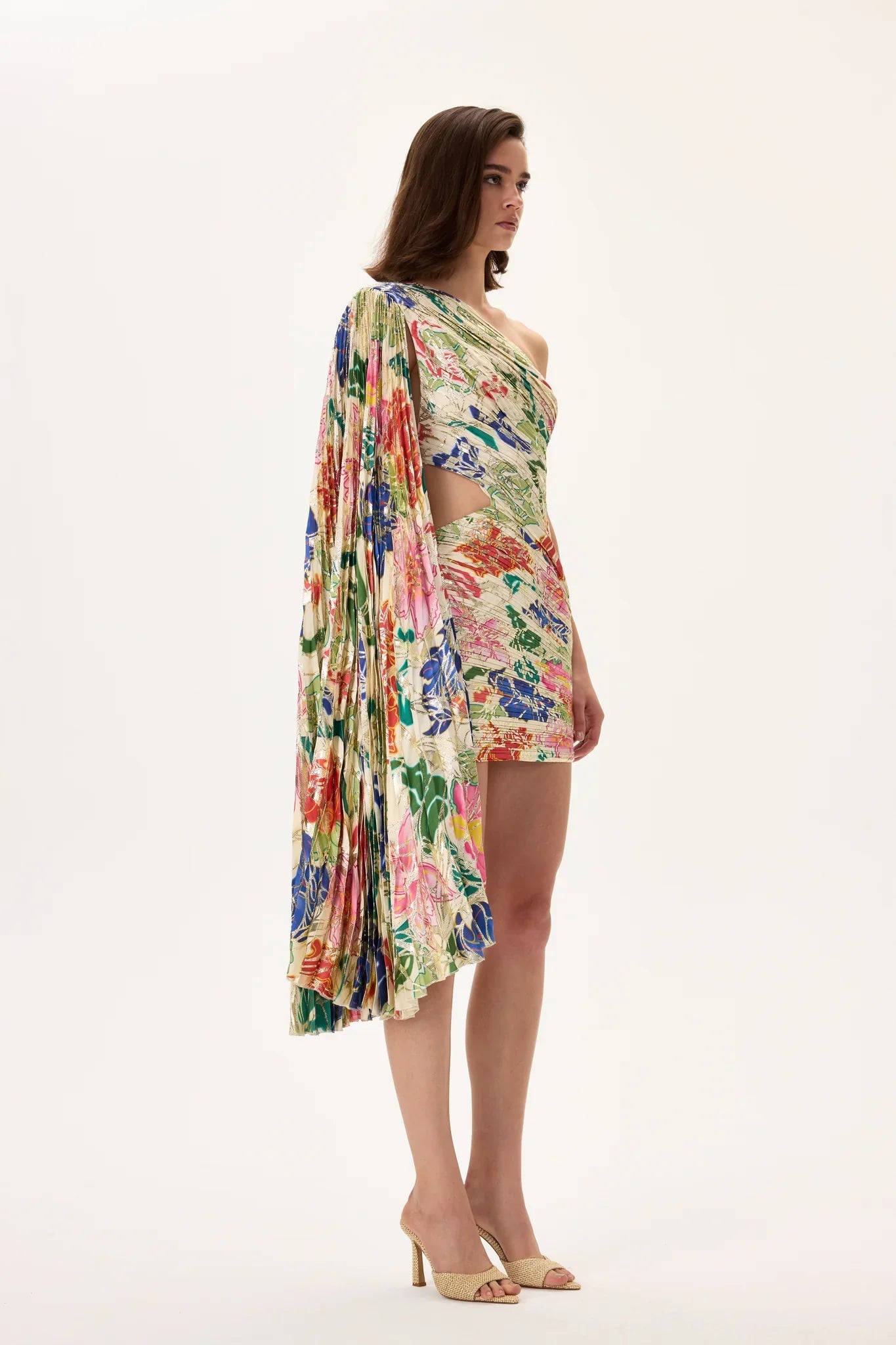 SS26-D-1027-38 raisa_vanessa ecru-pleated-viscose-multi-color-flower-printed-one-shouldered-mini-dress-with-gold-foil-accents