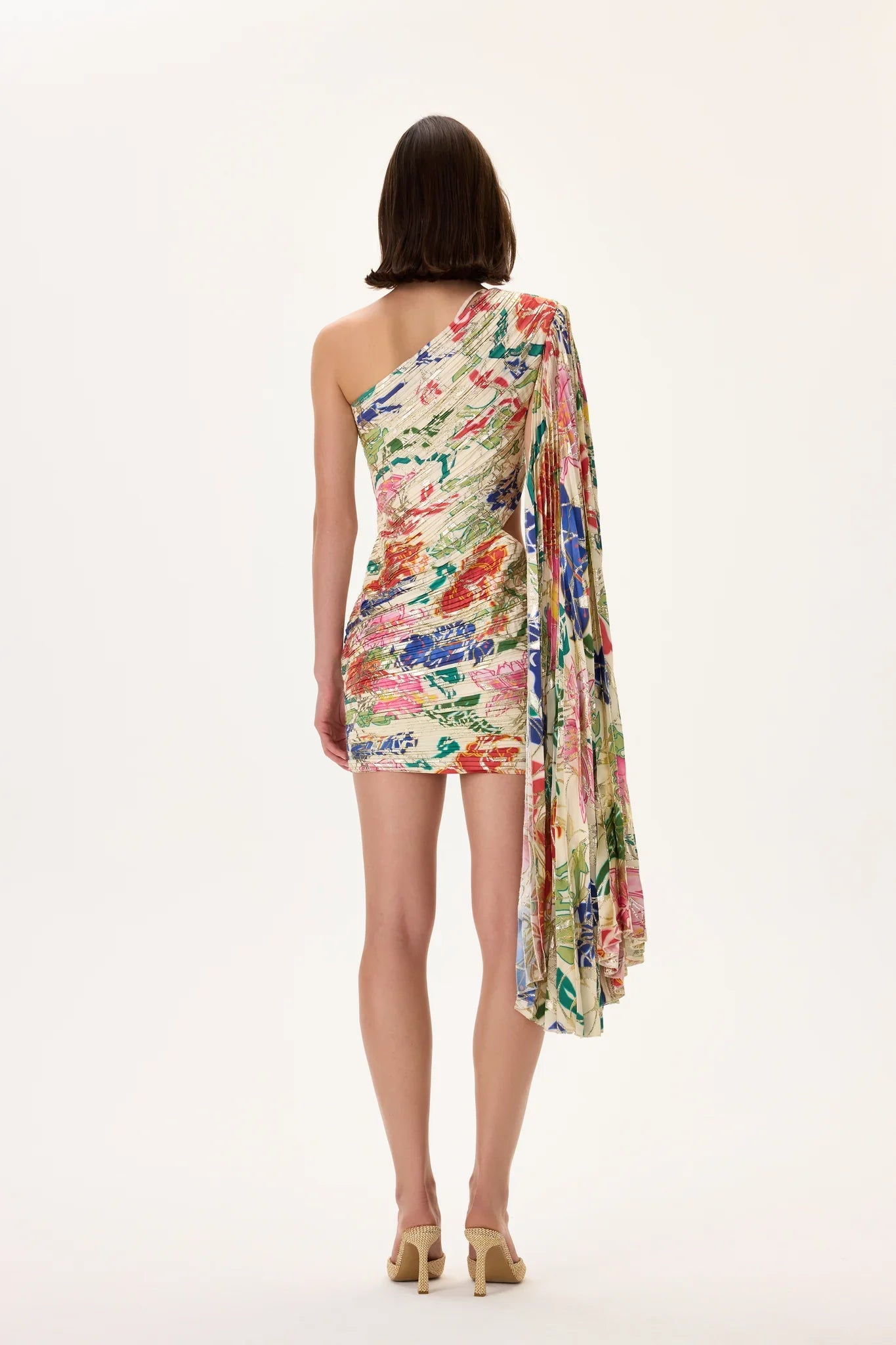 SS26-D-1027-40 raisa_vanessa ecru-pleated-viscose-multi-color-flower-printed-one-shouldered-mini-dress-with-gold-foil-accents