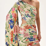 SS26-D-1027-42 raisa_vanessa ecru-pleated-viscose-multi-color-flower-printed-one-shouldered-mini-dress-with-gold-foil-accents