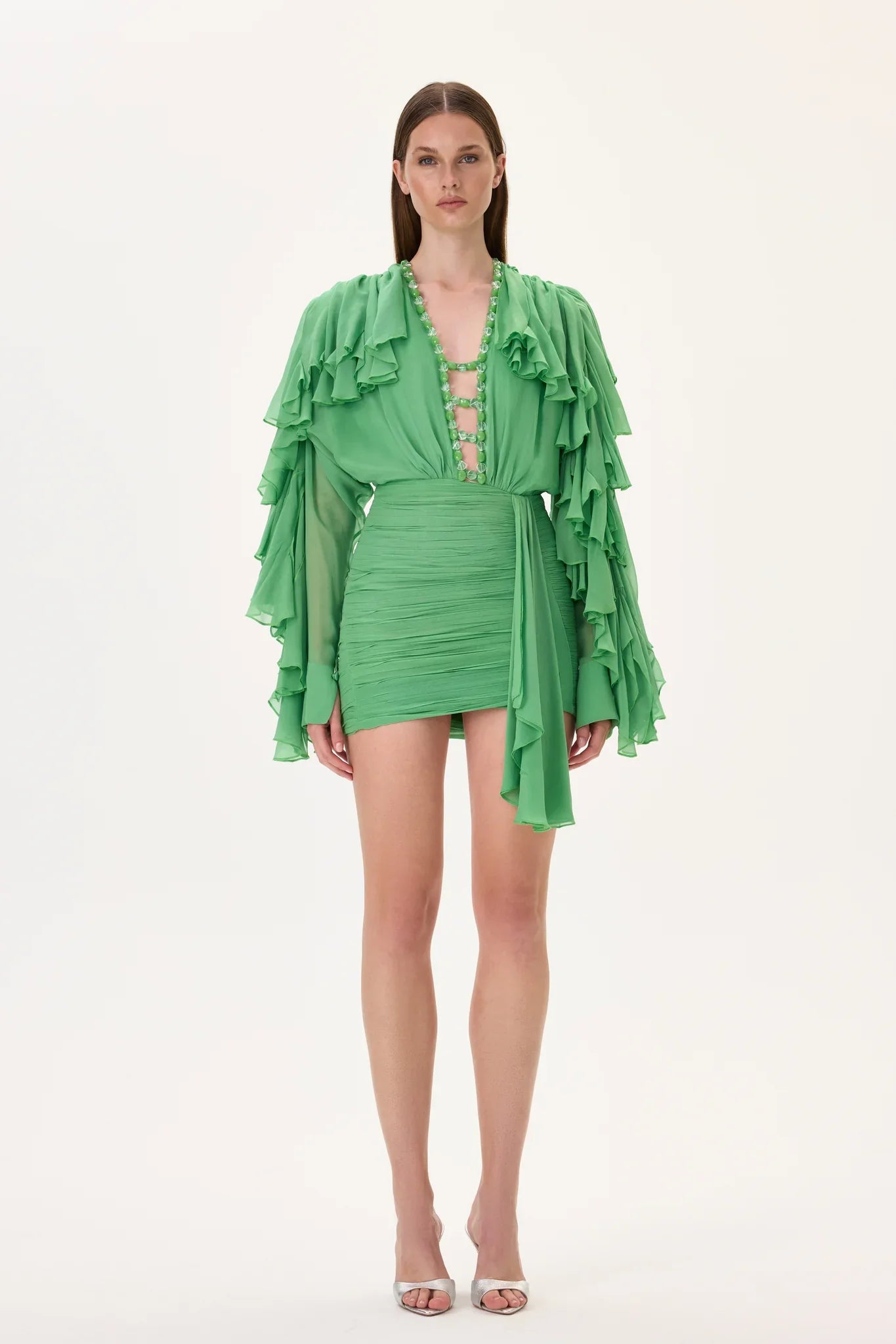 SS26-D-1030-34 raisa_vanessa green-chiffon-mini-dress-with-ruffled-sleeves-and-stoned-neckline