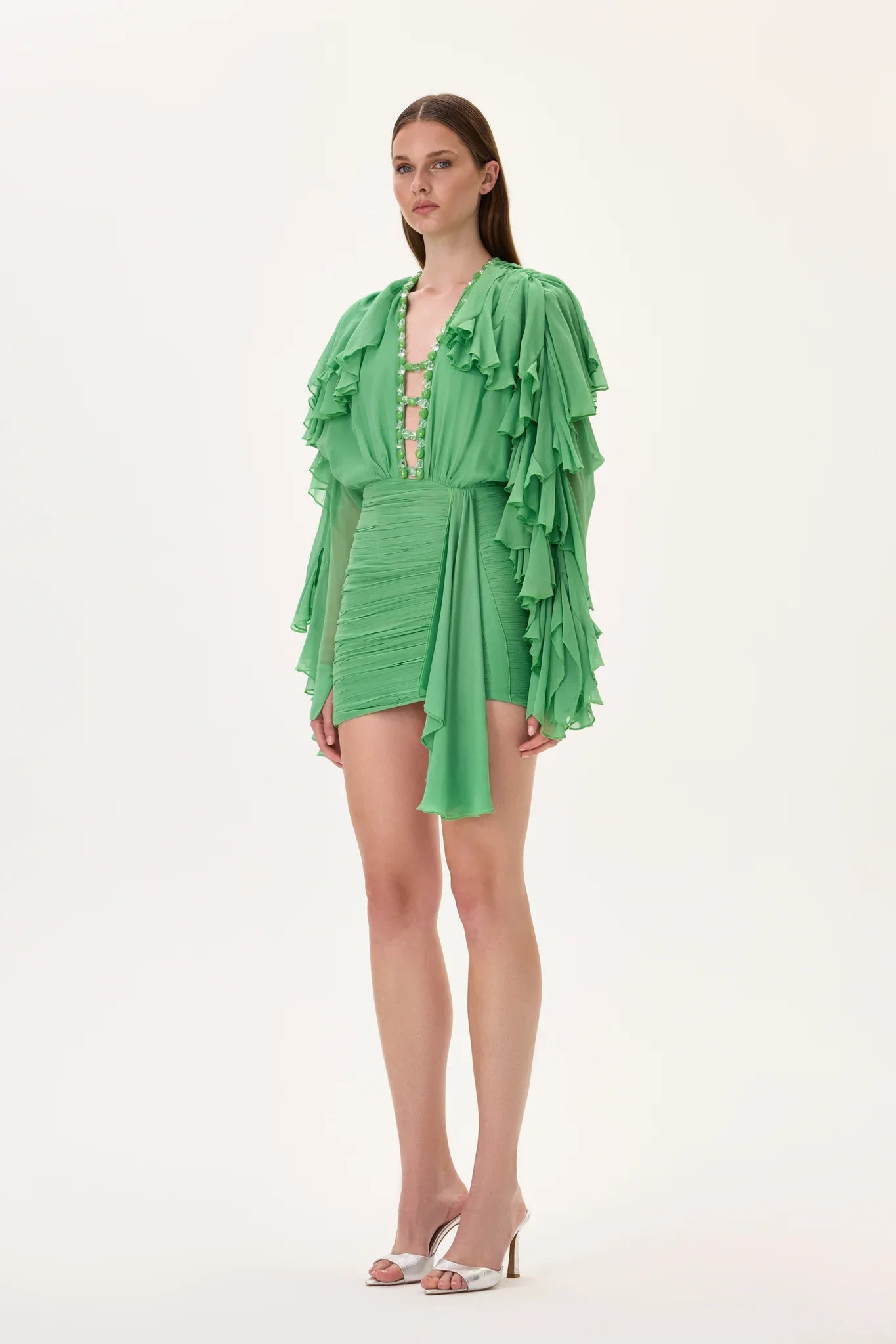 SS26-D-1030-36 raisa_vanessa green-chiffon-mini-dress-with-ruffled-sleeves-and-stoned-neckline
