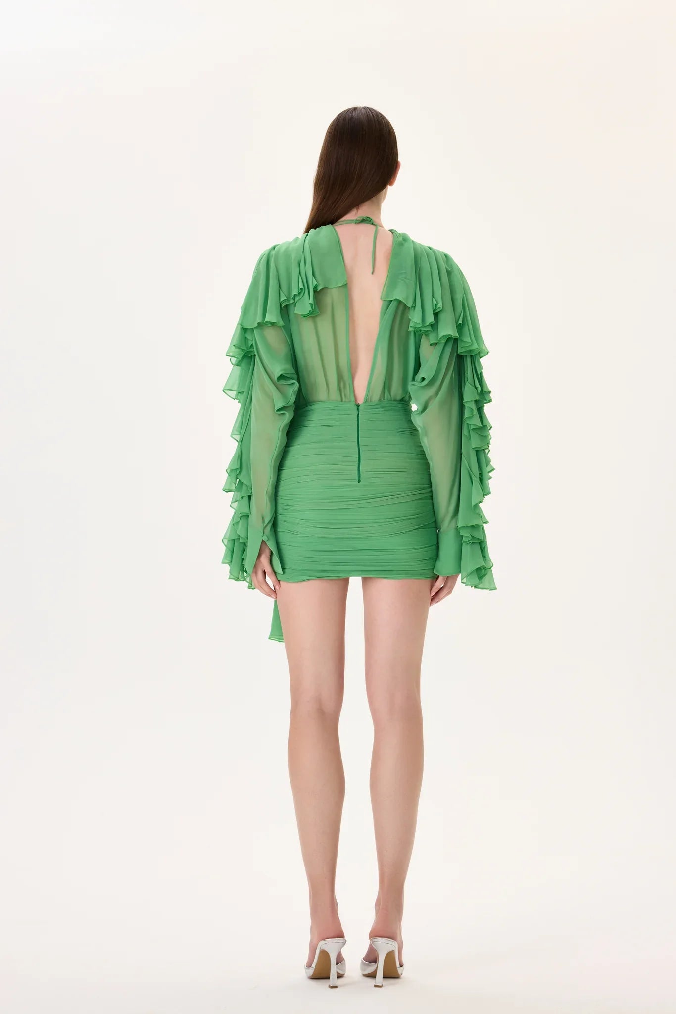 SS26-D-1030-38 raisa_vanessa green-chiffon-mini-dress-with-ruffled-sleeves-and-stoned-neckline