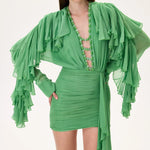 SS26-D-1030-40 raisa_vanessa green-chiffon-mini-dress-with-ruffled-sleeves-and-stoned-neckline