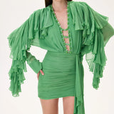SS26-D-1030-40 raisa_vanessa green-chiffon-mini-dress-with-ruffled-sleeves-and-stoned-neckline