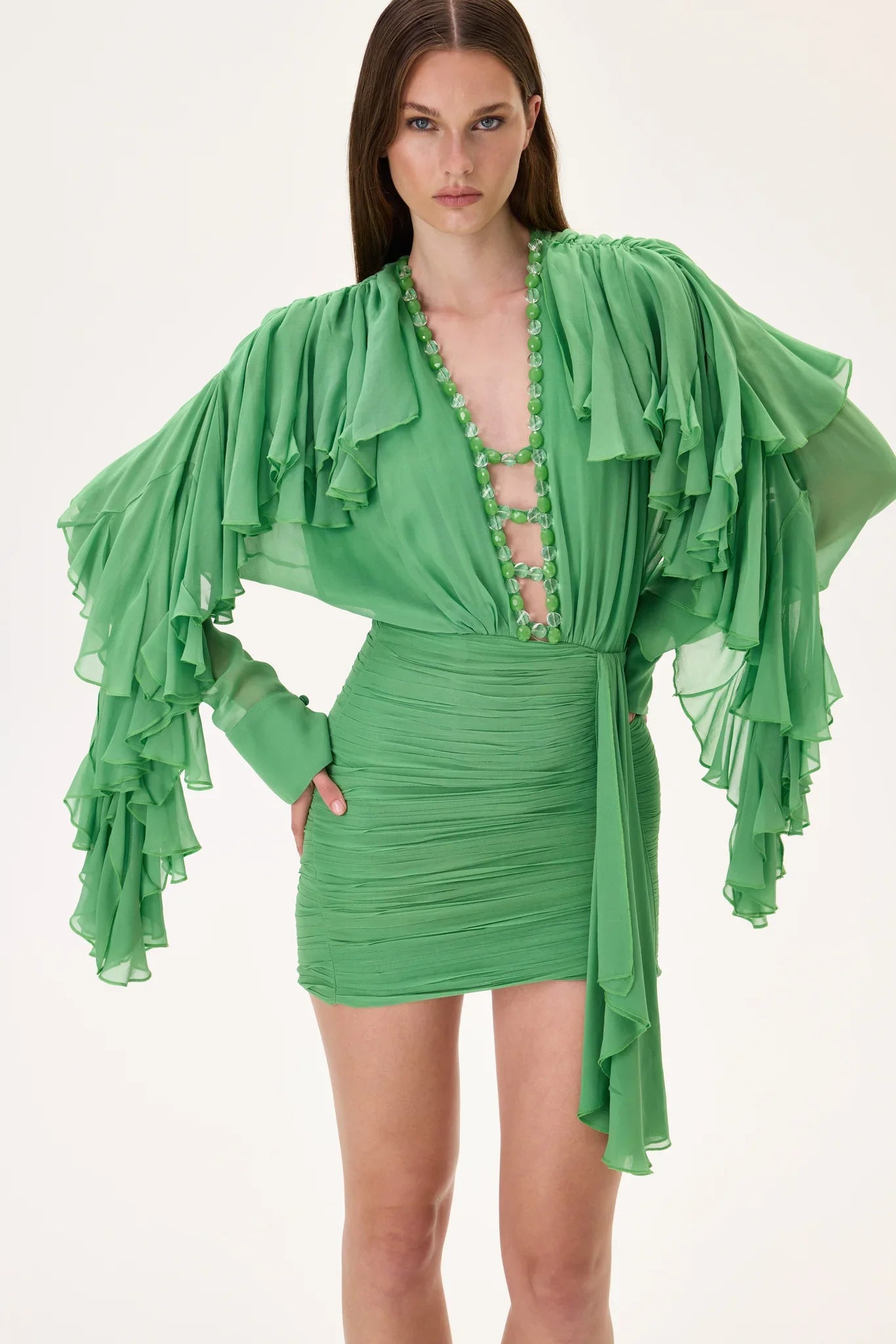 SS26-D-1030-40 raisa_vanessa green-chiffon-mini-dress-with-ruffled-sleeves-and-stoned-neckline