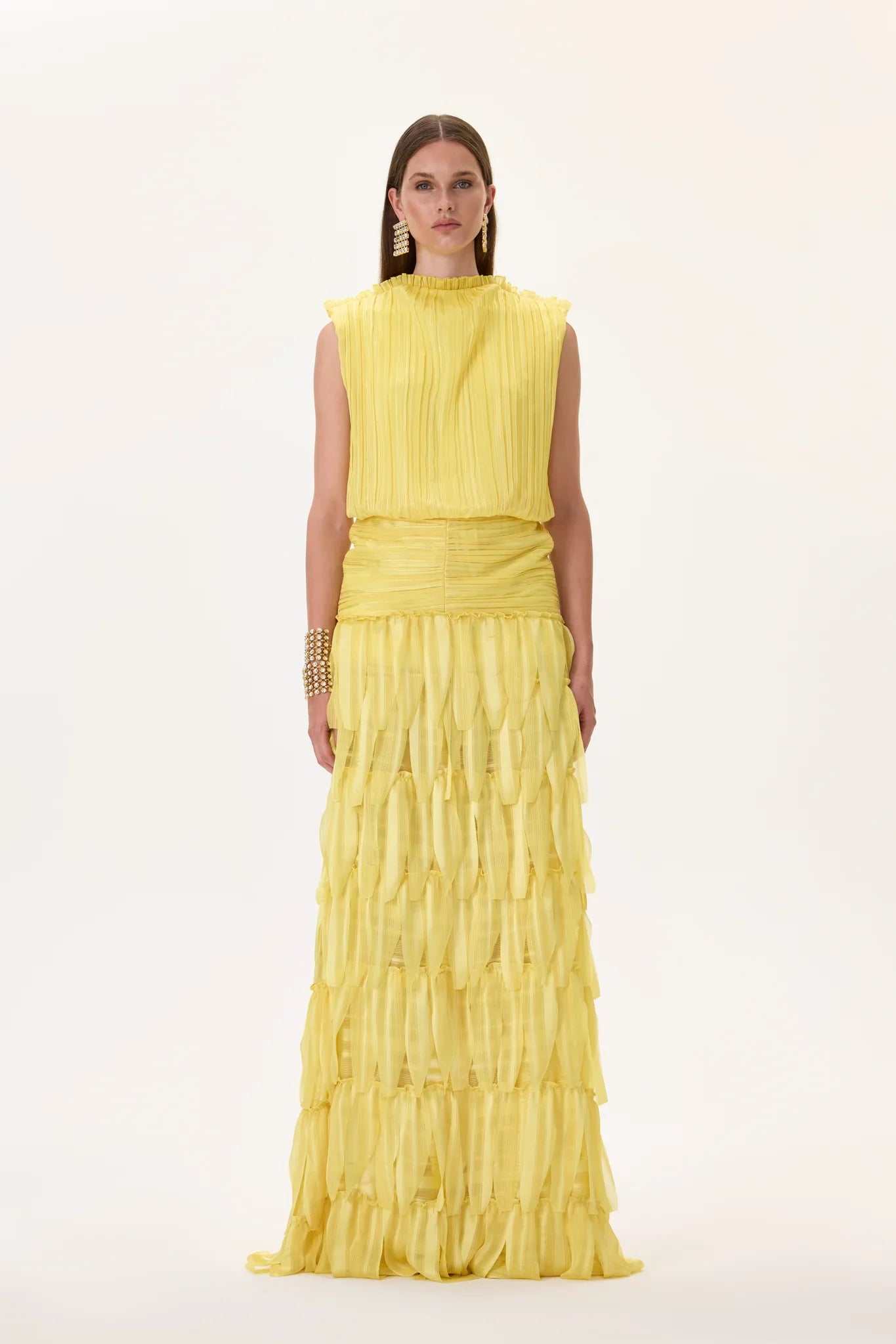 SS26-D-1036-34 raisa_vanessa yellow-pleated-chiffon-dress-with-laser-cut-skirt