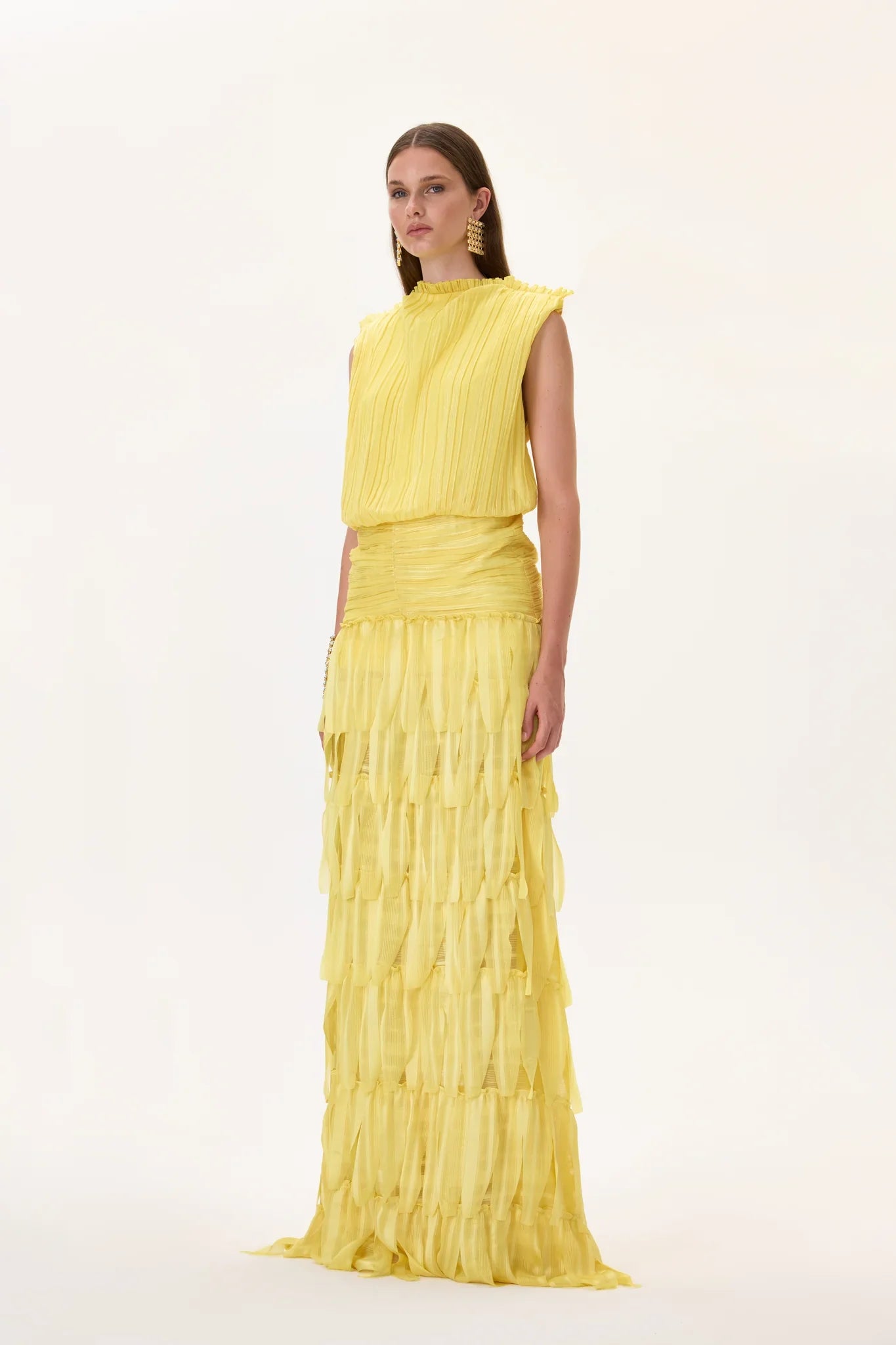 SS26-D-1036-36 raisa_vanessa yellow-pleated-chiffon-dress-with-laser-cut-skirt