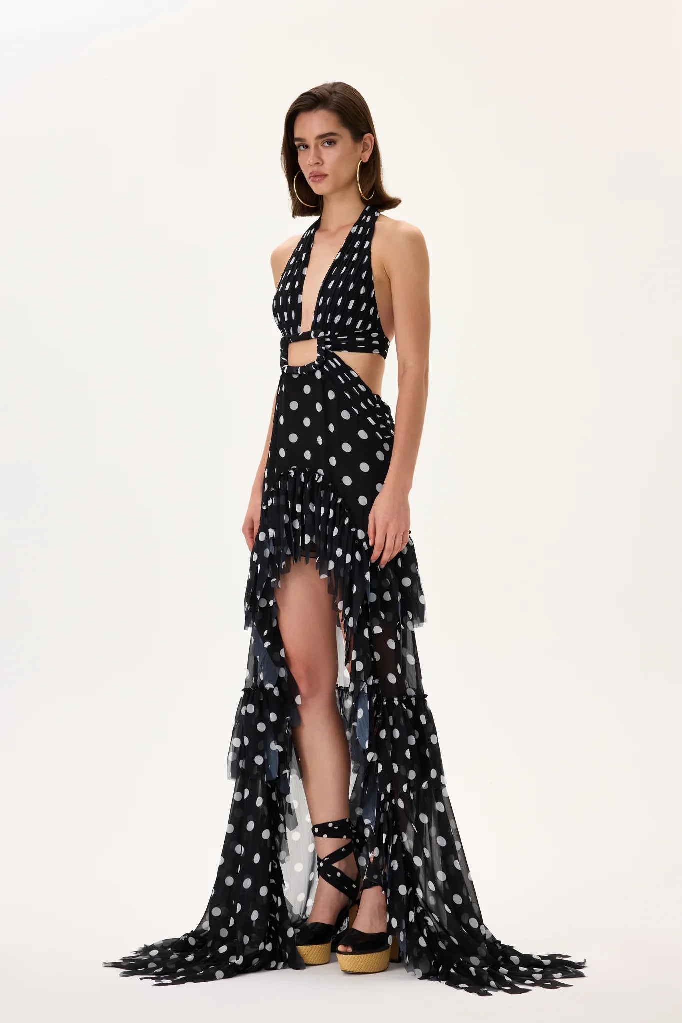 SS26-D-1044-36 raisa_vanessa black-polka-dot-chiffon-dress-with-laser-cut-fringes-and-belt-detail