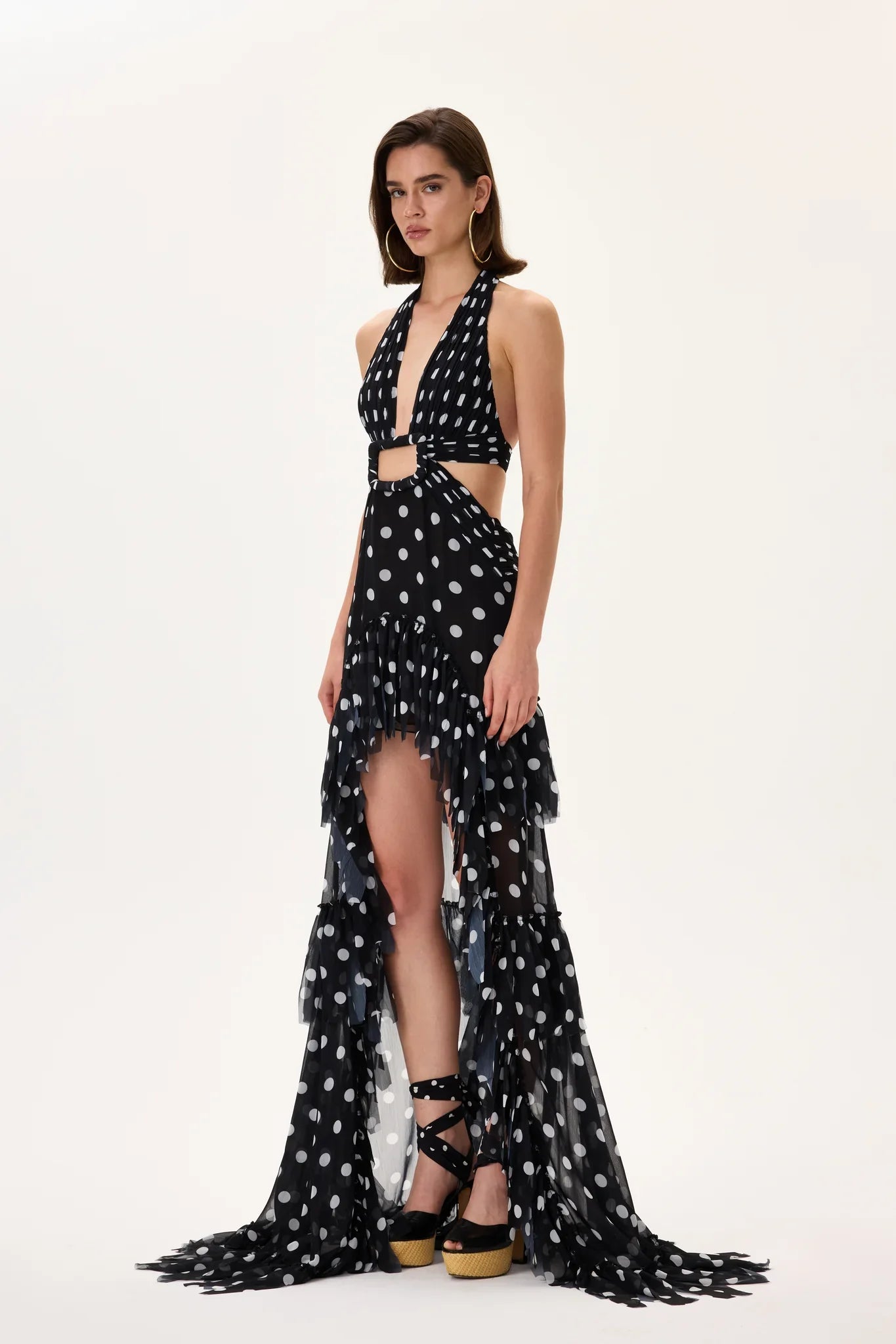 SS26-D-1044-36 raisa_vanessa black-polka-dot-chiffon-dress-with-laser-cut-fringes-and-belt-detail