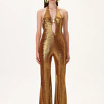 SS26-JS-1001-34 raisa_vanessa bronze-metallic-jersey-gold-accessory-detailed-flare-jumpsuit