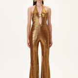 SS26-JS-1001-34 raisa_vanessa bronze-metallic-jersey-gold-accessory-detailed-flare-jumpsuit