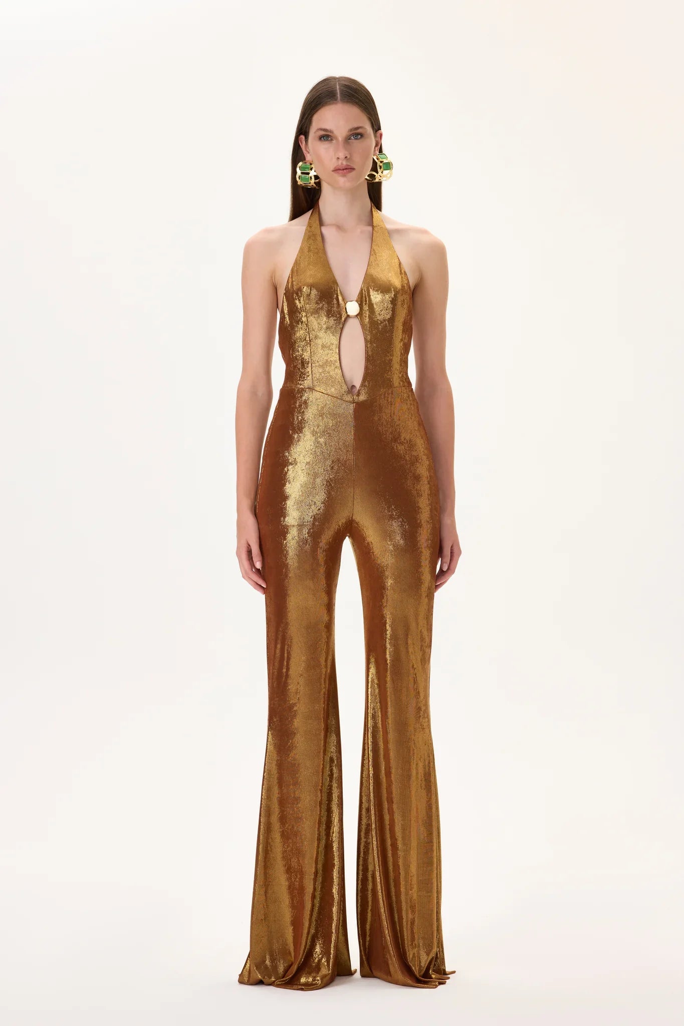 SS26-JS-1001-34 raisa_vanessa bronze-metallic-jersey-gold-accessory-detailed-flare-jumpsuit