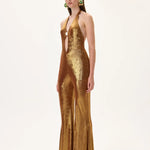 SS26-JS-1001-36 raisa_vanessa bronze-metallic-jersey-gold-accessory-detailed-flare-jumpsuit
