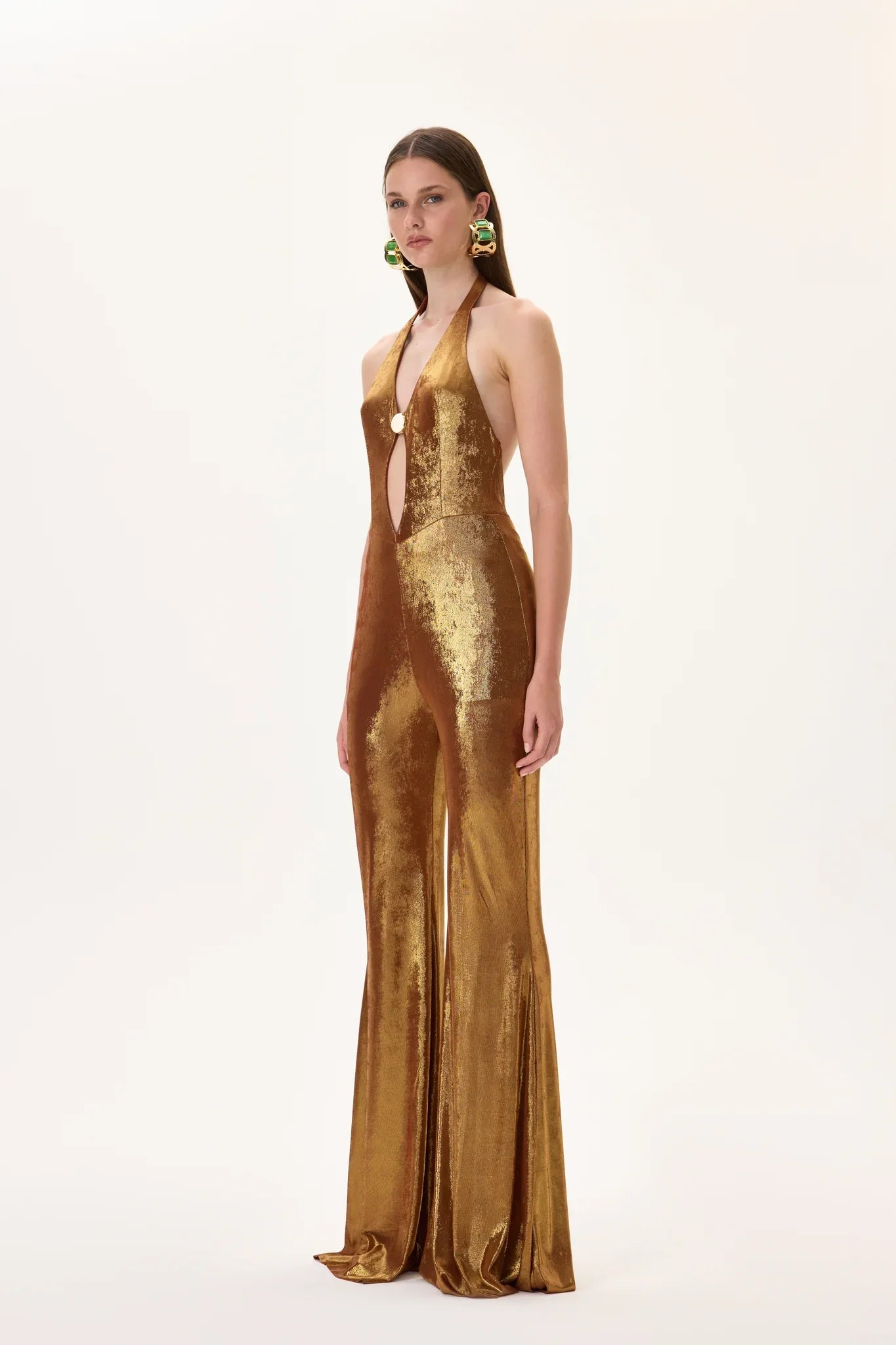 SS26-JS-1001-36 raisa_vanessa bronze-metallic-jersey-gold-accessory-detailed-flare-jumpsuit