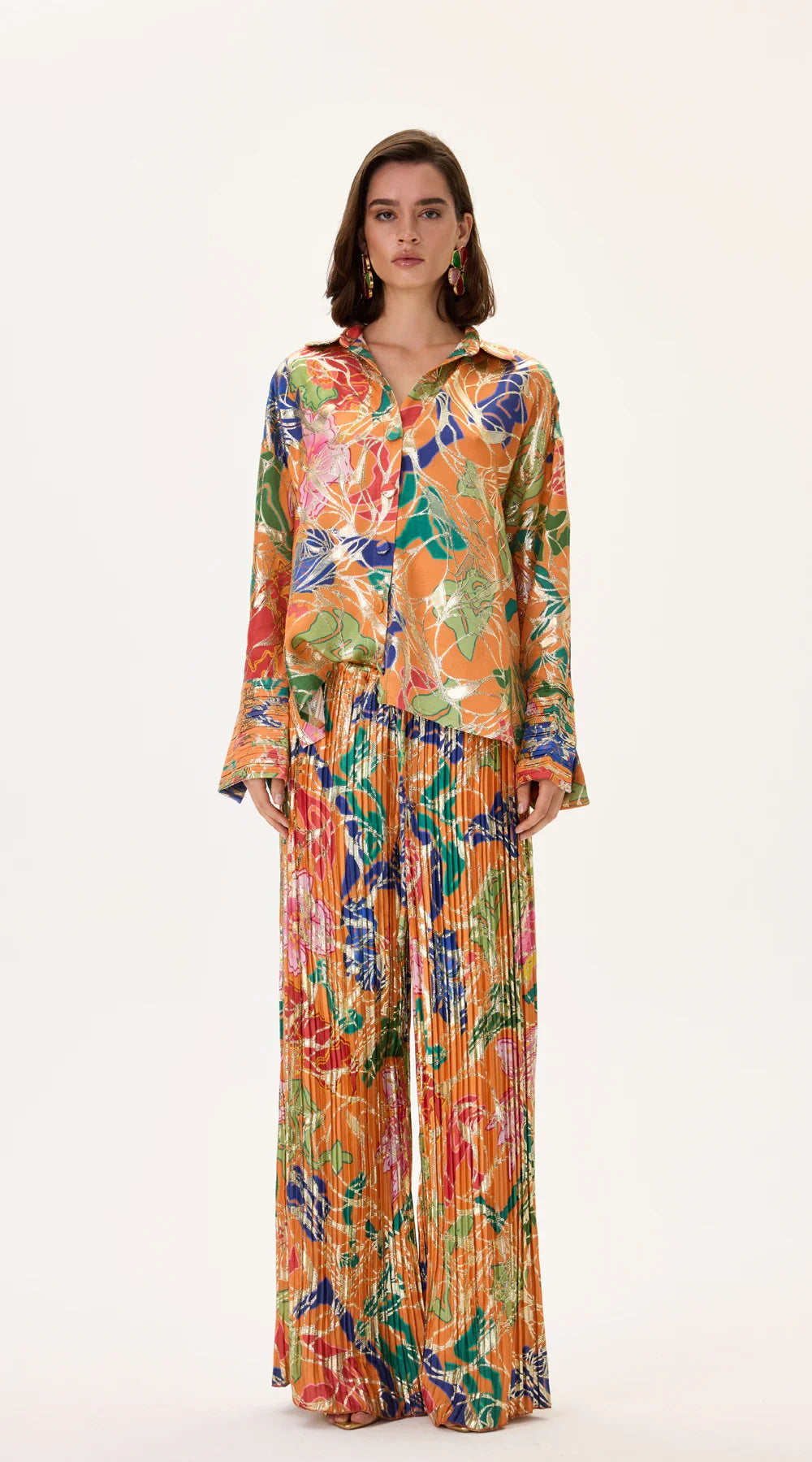 SS26-P-1009-3-38 raisa_vanessa orange-pleated-viscone-multi-color-flower-printed-wide-leg-pants-with-gold-foil-accents