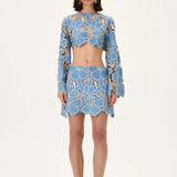 Denim & Lace Mini Skirt With Gold Metal Centered Flower Embroidery