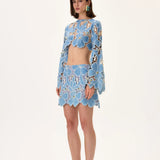 Denim & Lace Mini Skirt With Gold Metal Centered Flower Embroidery