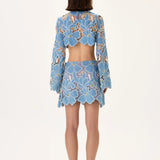 Denim & Lace Mini Skirt With Gold Metal Centered Flower Embroidery