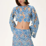 Denim & Lace Mini Skirt With Gold Metal Centered Flower Embroidery