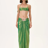 Green Metallic Jersey Balloon Skirt With Gold Accessory And Ruched Waistline