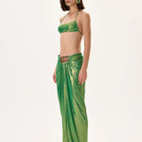 Green Metallic Jersey Balloon Skirt With Gold Accessory And Ruched Waistline