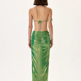 Green Metallic Jersey Balloon Skirt With Gold Accessory And Ruched Waistline