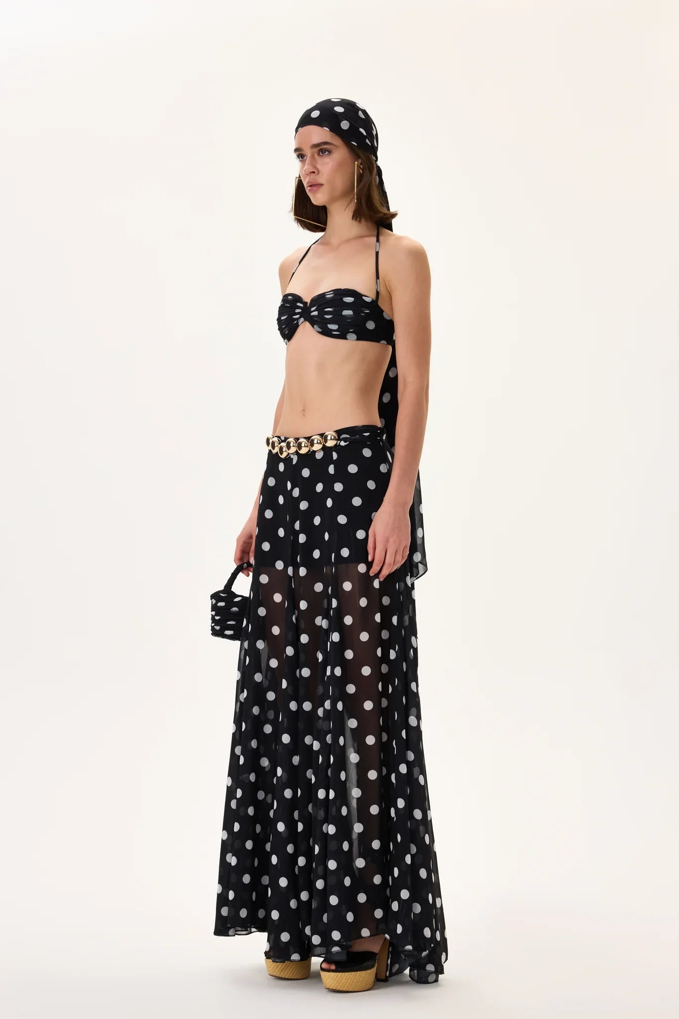 SS26-S-1030-36 raisa_vanessa black-polka-dot-chiffon-skirt-with-gold-metal-belt