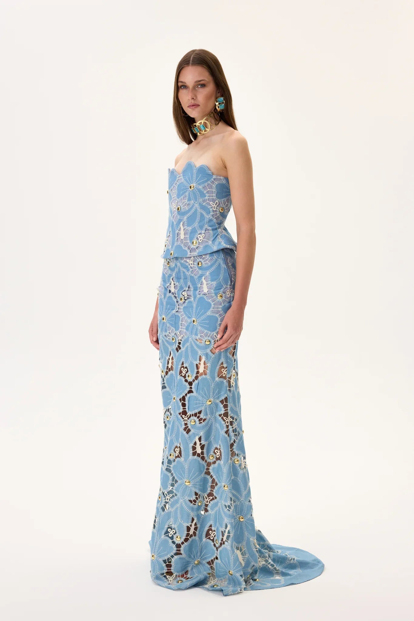 SS26-T-1003-36 raisa_vanessa denim-lace-strapless-corset-with-gold-metal-centered-flower-embroidery