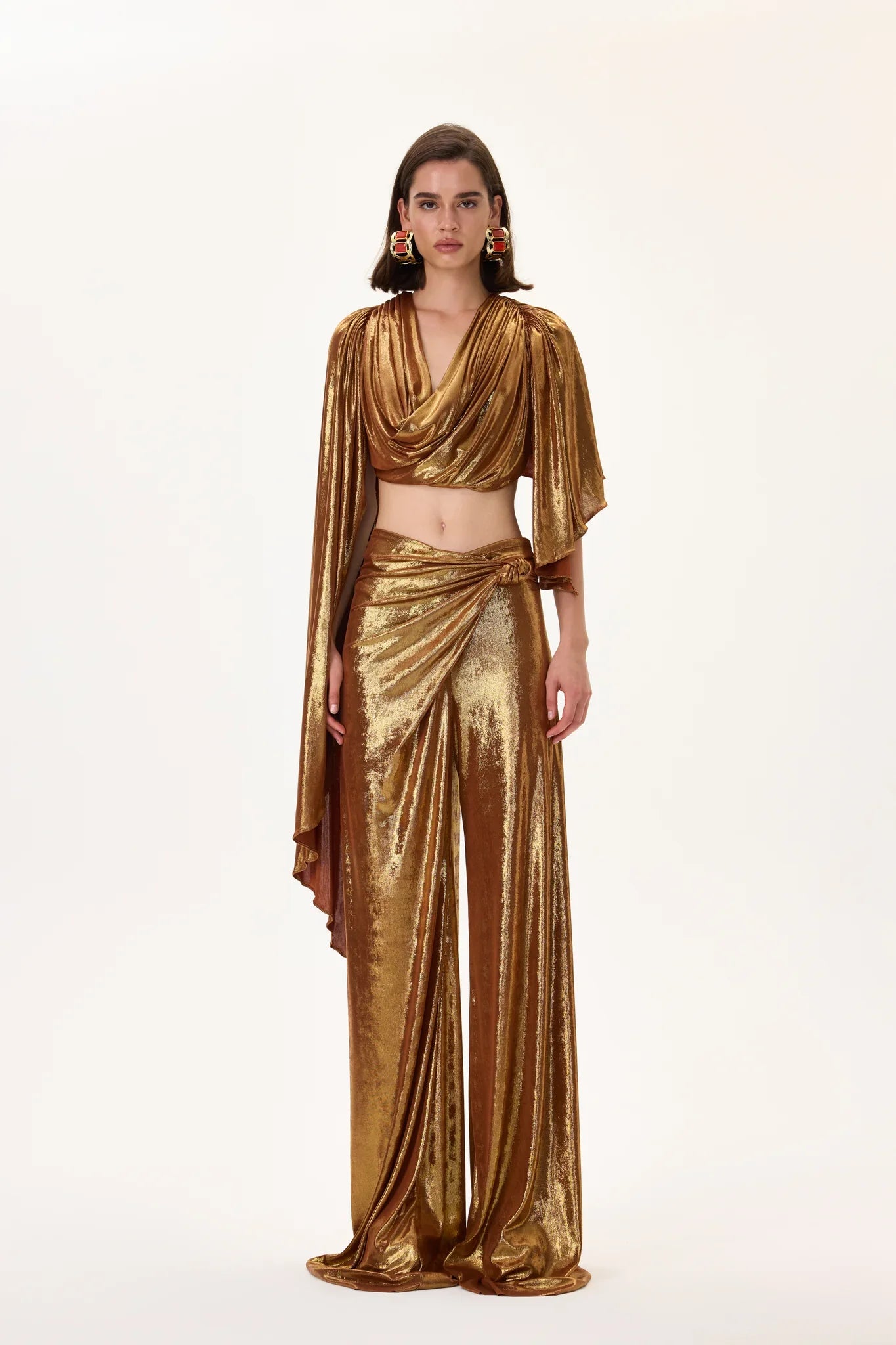 SS26-T-1009-34 raisa_vanessa bronze-metallic-jersey-cowl-neckline-backless-crop-top-with-asymmetrical-sleeves