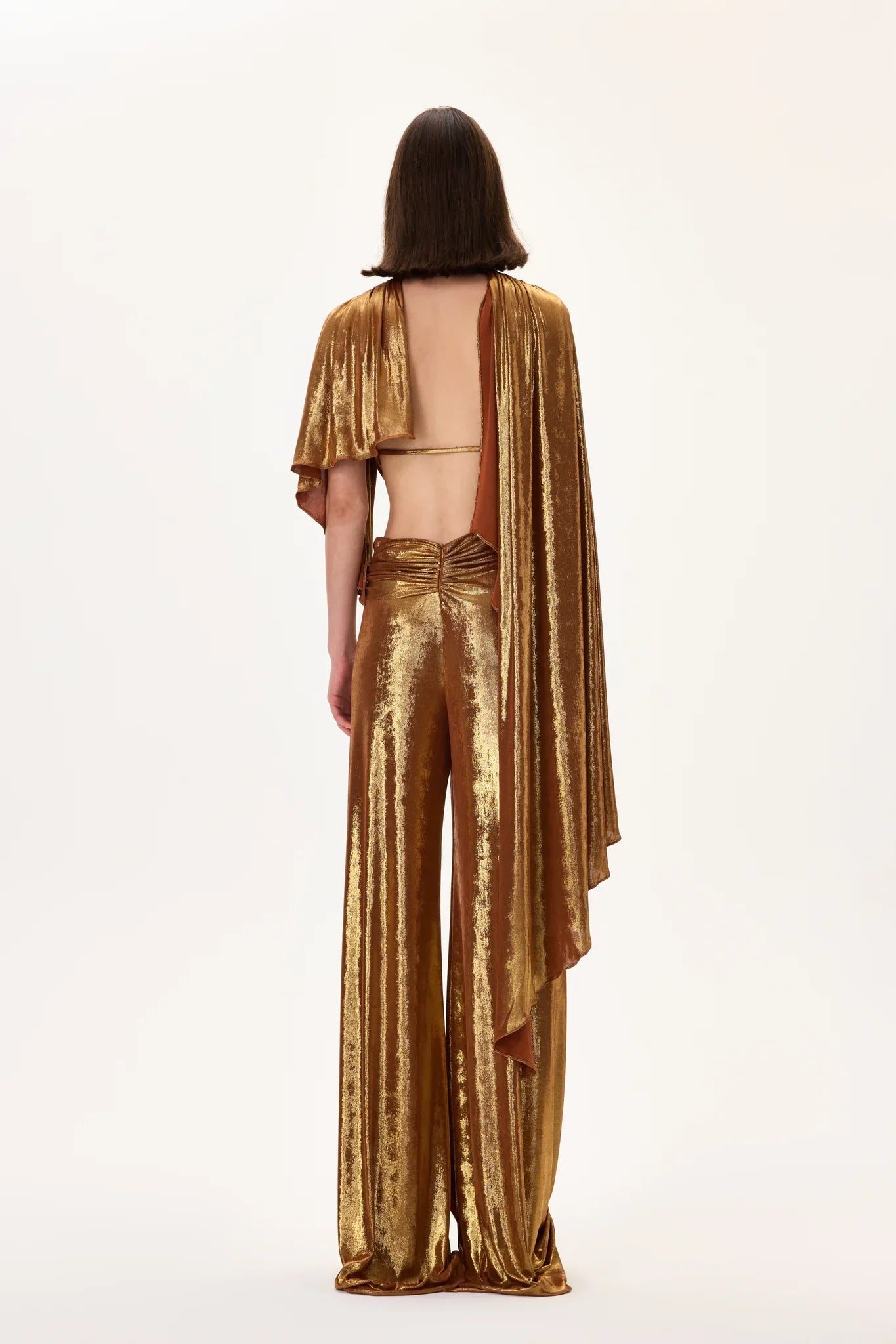 SS26-T-1009-38 raisa_vanessa bronze-metallic-jersey-cowl-neckline-backless-crop-top-with-asymmetrical-sleeves