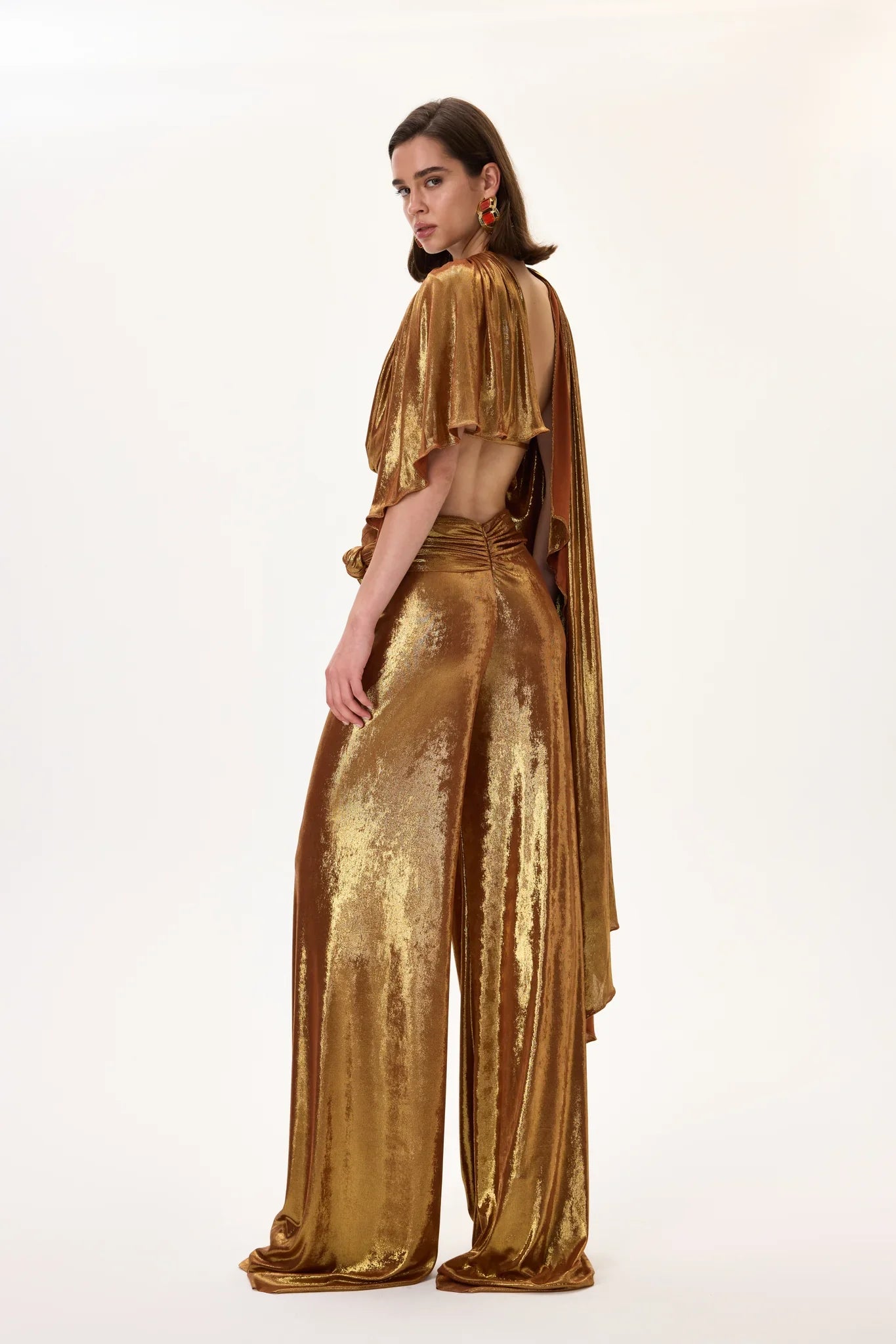 SS26-P-1004-40 raisa_vanessa bronze-metallic-jersey-ruched-waisted-wide-leg-pants