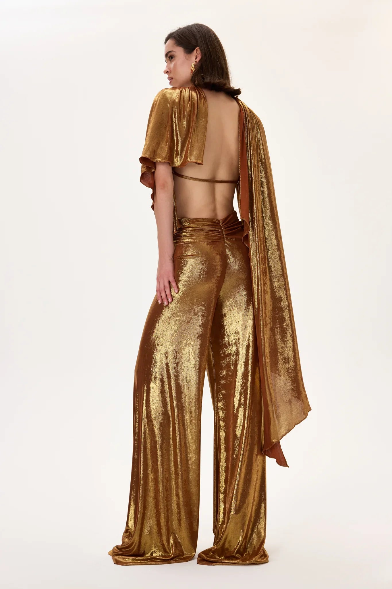 SS26-T-1009-42 raisa_vanessa bronze-metallic-jersey-cowl-neckline-backless-crop-top-with-asymmetrical-sleeves