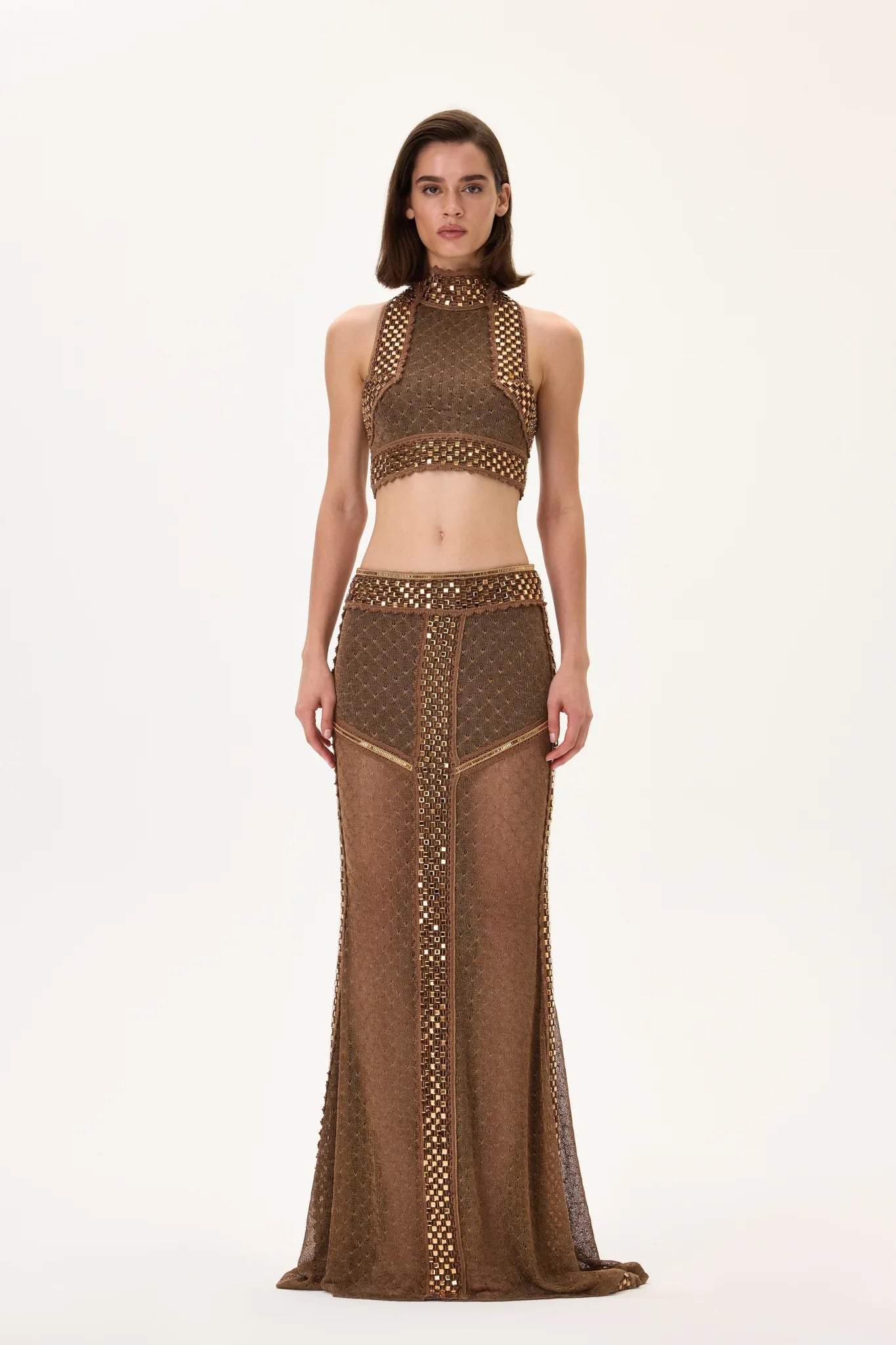 SS26-S-1011-34 raisa_vanessa knitted-maxi-skirt-with-bronze-stone-borderline-and-gold-rhinestone-strips